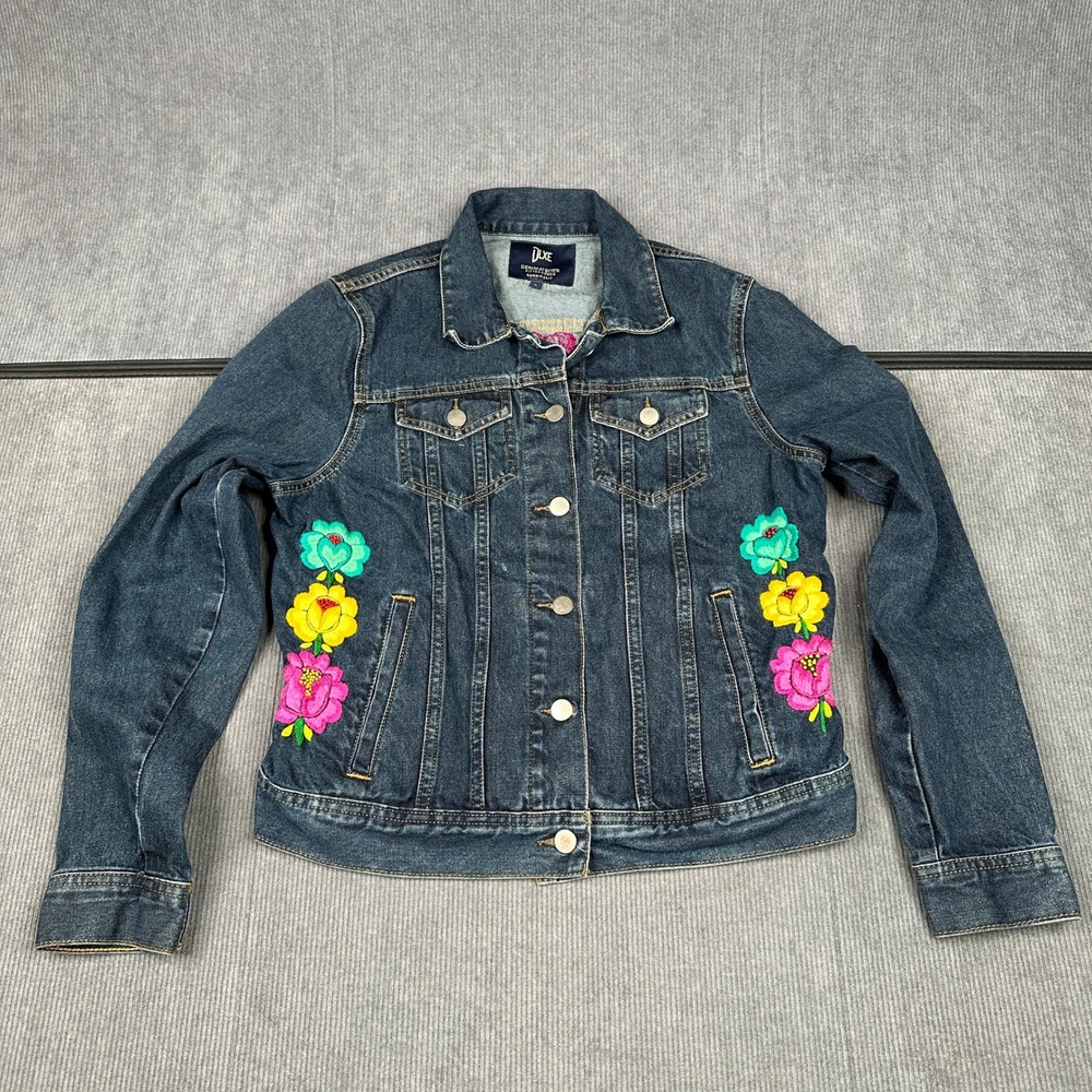 DLXE Y2k Denim Atelier Floral Embroidered Jean Jacket Dark Wash Blue Sz L